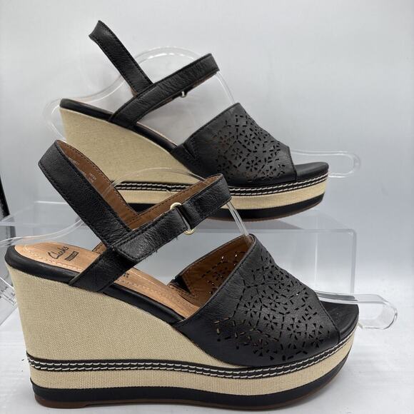 Clarks Collection Soft Cushion Espadrille Wedge Sandal Black Laser Cut US 9M - Picture 2 of 10